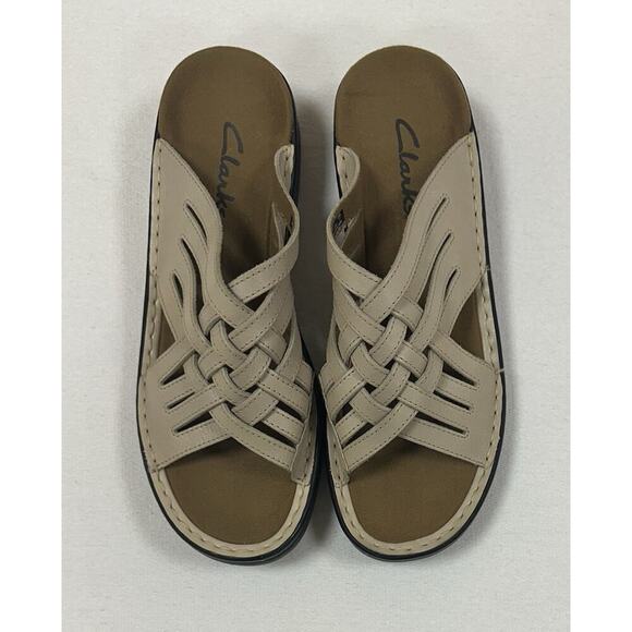 Clarks Sandals Womens 8M Slide Crisscross Straps Comfort 79121 Beige Leather - Picture 1 of 5